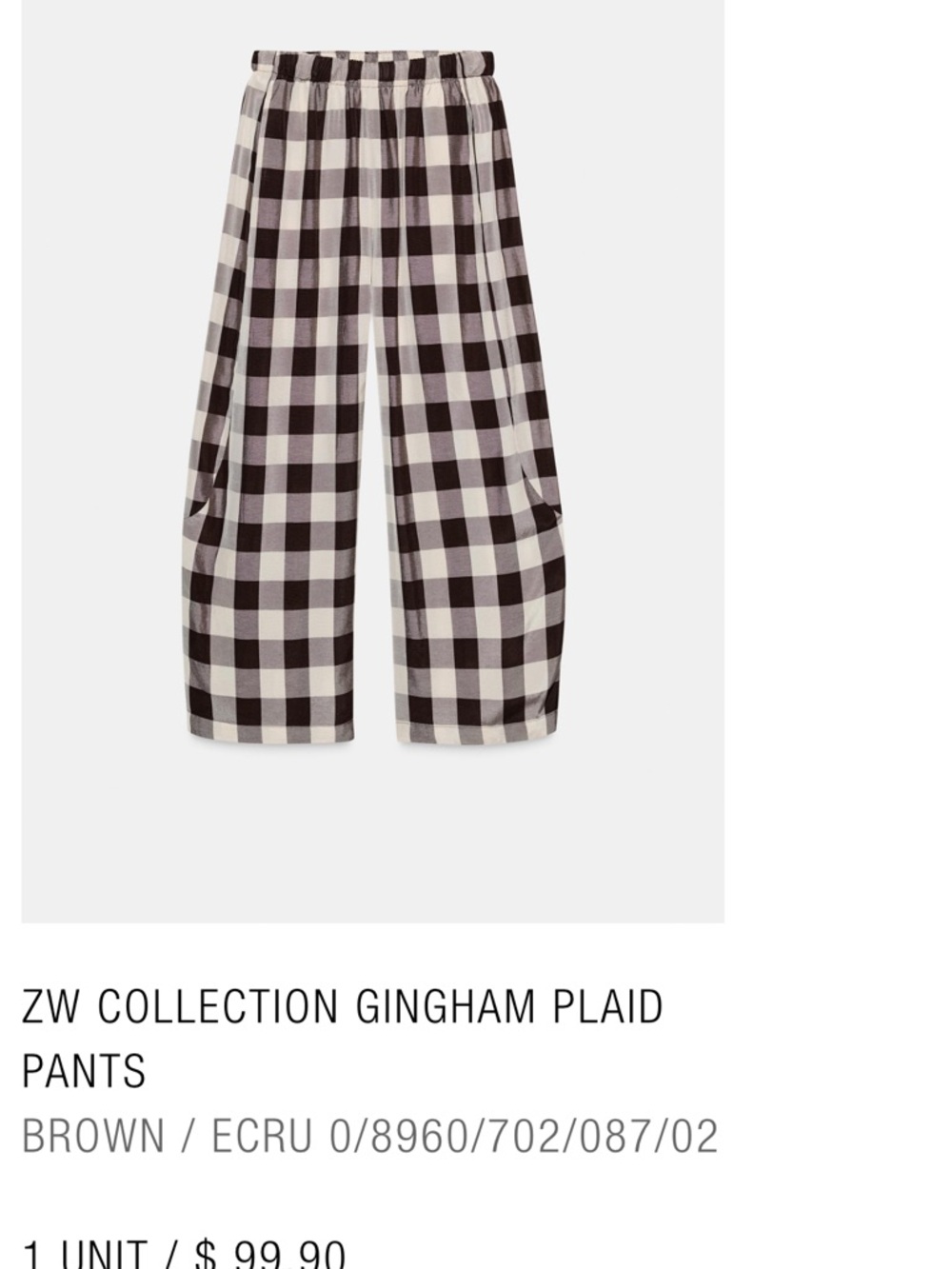 Zara Brown & Ecru Gingham Wide-Leg Pants